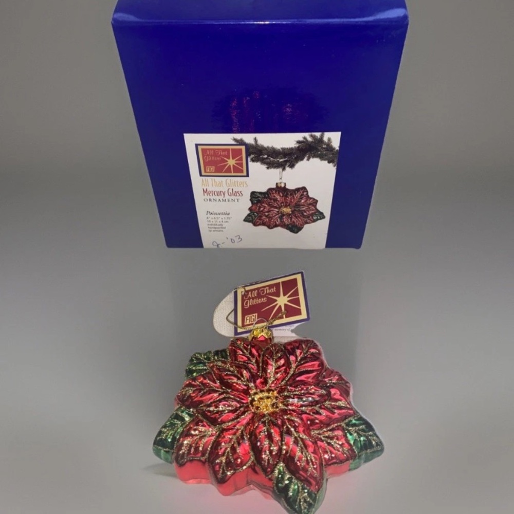 Vtg Figi Glitter Mercury GLASS Hand‎ painted poinsettia, Christmas Ornament NWT